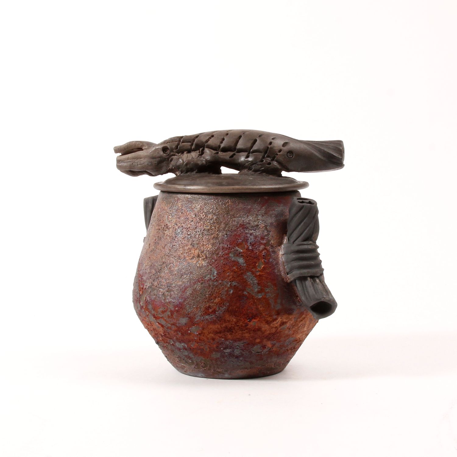 Shu-Chen Cheng: Raku Texture Jar with Handle Product Image 1 of 2