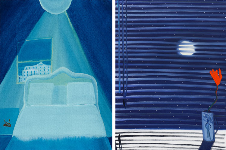 Painting of a bed and painting of a window with a flower in a vase