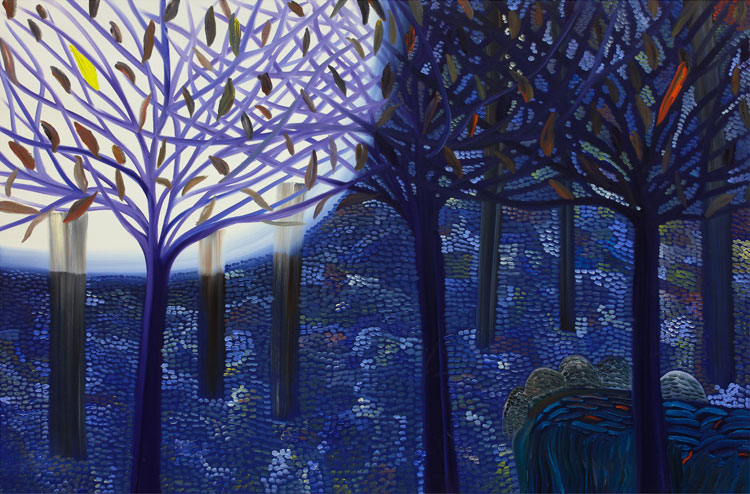 Painting of a forest in the dark