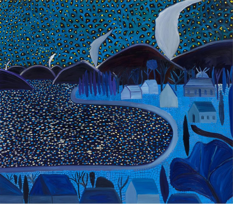 Painting of houses on a lake at night