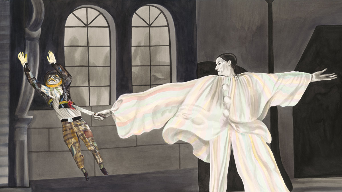 Drawing of a figure dressed as a mime stabbing a smaller figure