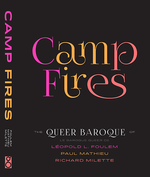 Camp Fires catalogue cover with black background and exhibition title in pink, yellow, and orange letters