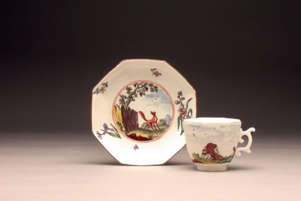Cup and Saucer with Aesop's Fables (The Lion and the Mouse and The Fox and the Grapes), Chelsea Porcelain Manufactory, England, c. 1752-1755, Soft-paste porcelain