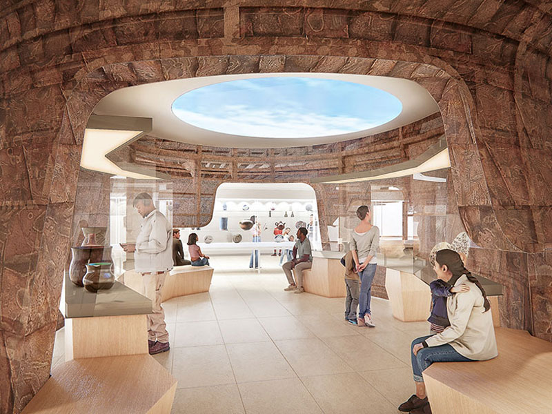 Gallery-of-Indigenous-Ceramics-Thumbnail An architectural rendering of the Gallery of Indigenous Ceramics. It features a large copper vessel form with an oculus with a projection of the sky.