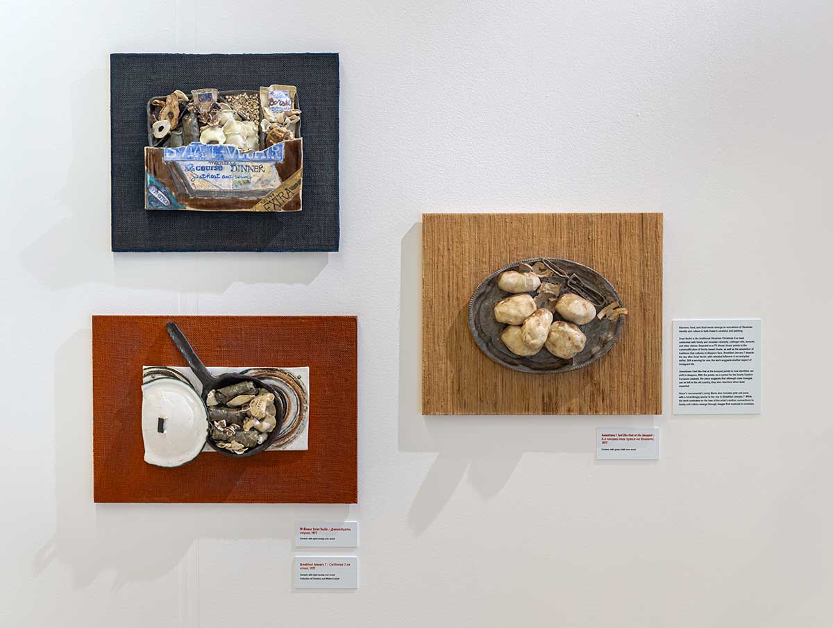 Three ceramic wall sculptures of traditional Ukrainian foods