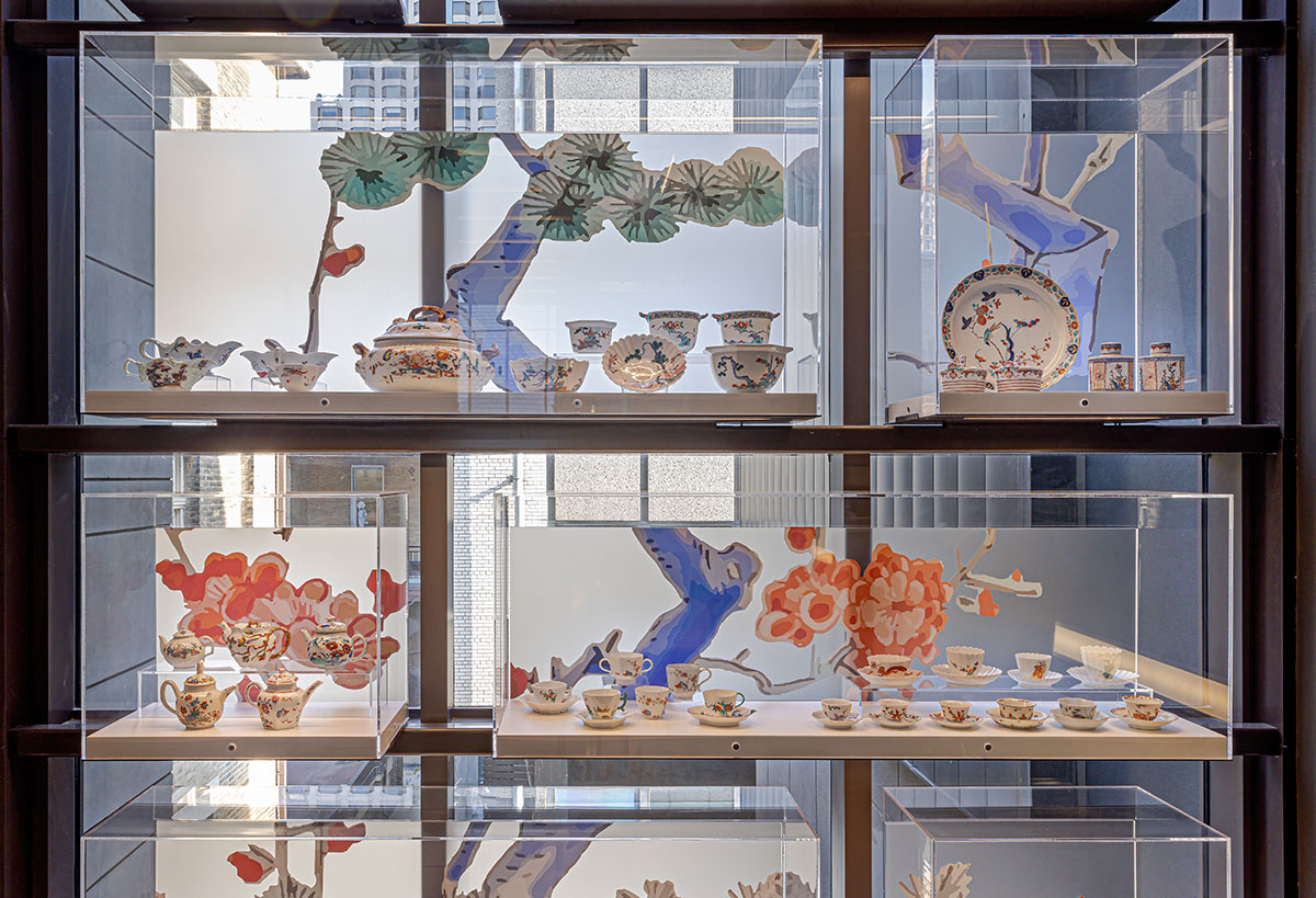 Glass vitrines filled with porcelain objects