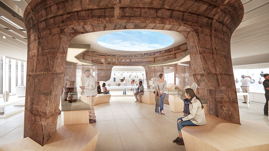 An architectural rendering of the Gallery of Indigenous Ceramics. It features a large copper vessel form with an oculus with a projection of the sky.
