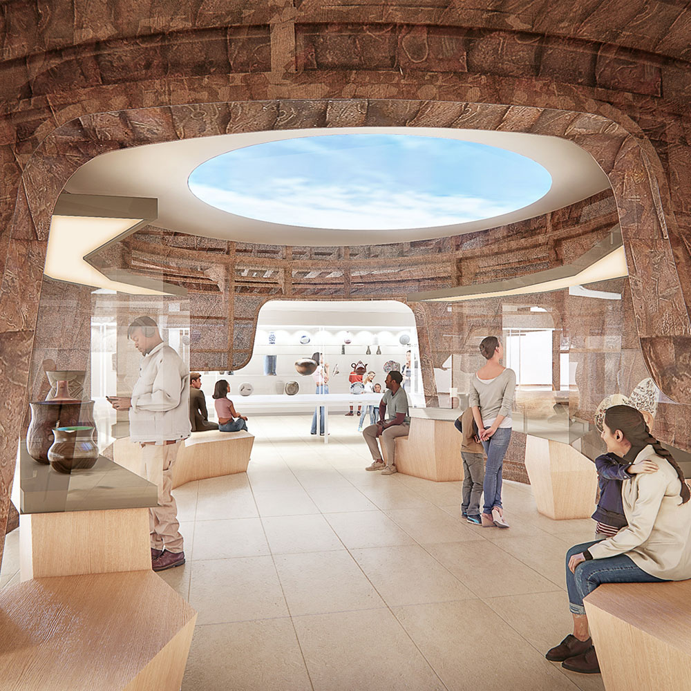 An architectural rendering of the Gallery of Indigenous Ceramics. It features a large copper vessel form with an oculus with a projection of the sky.