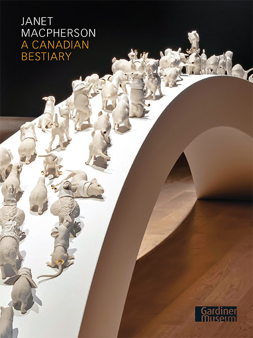 Exhibition cover with white porcelain animals crossing a bridge