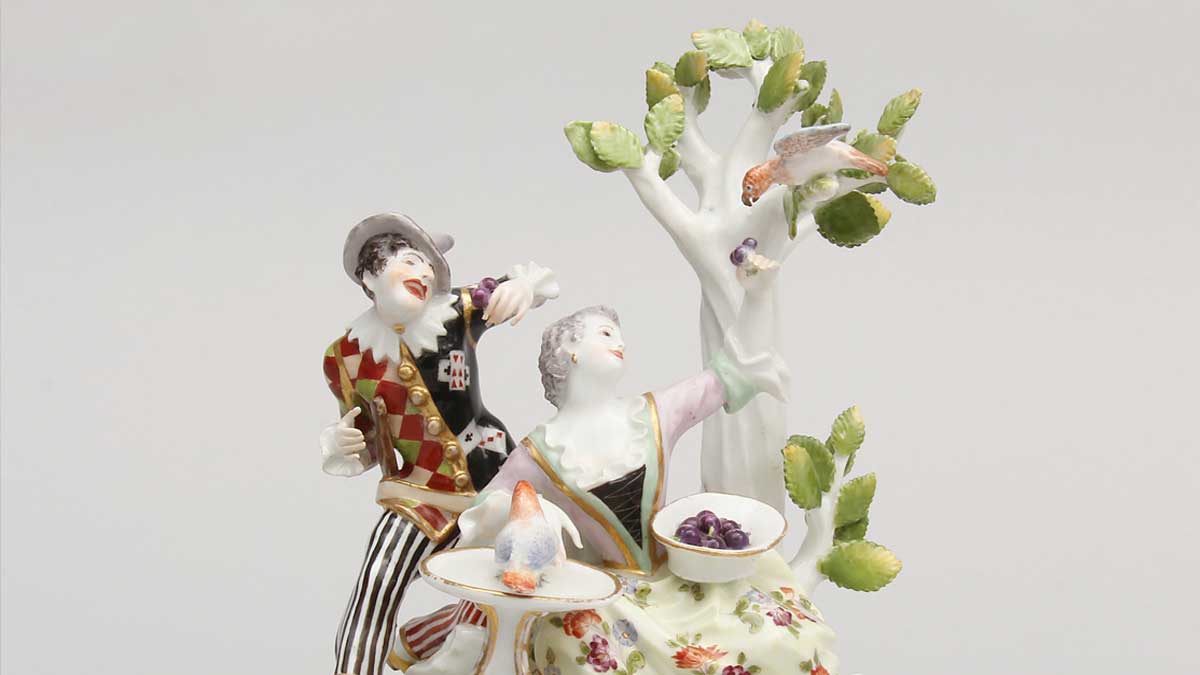 Harlequin and Lady with Parrots - Imitation (detail), c. 1930-35, Meissen Porcelain Manufactory, Germany. Original modeled byJohann Joachim Kändler. Hard-paste porcelain with overglaze enamels, gilding. Gift of George and Helen Gardiner. G83.1.947