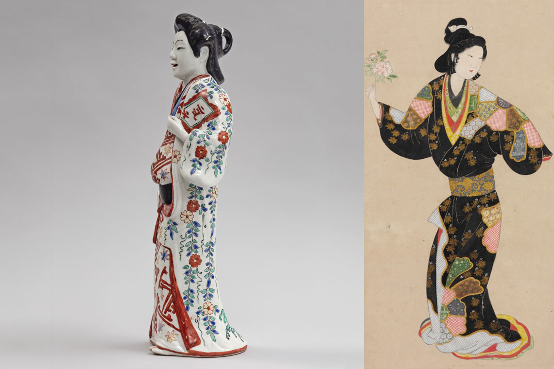 A ceramic figure wearing a kosod next to a scroll depicted a woman wearing a kosode