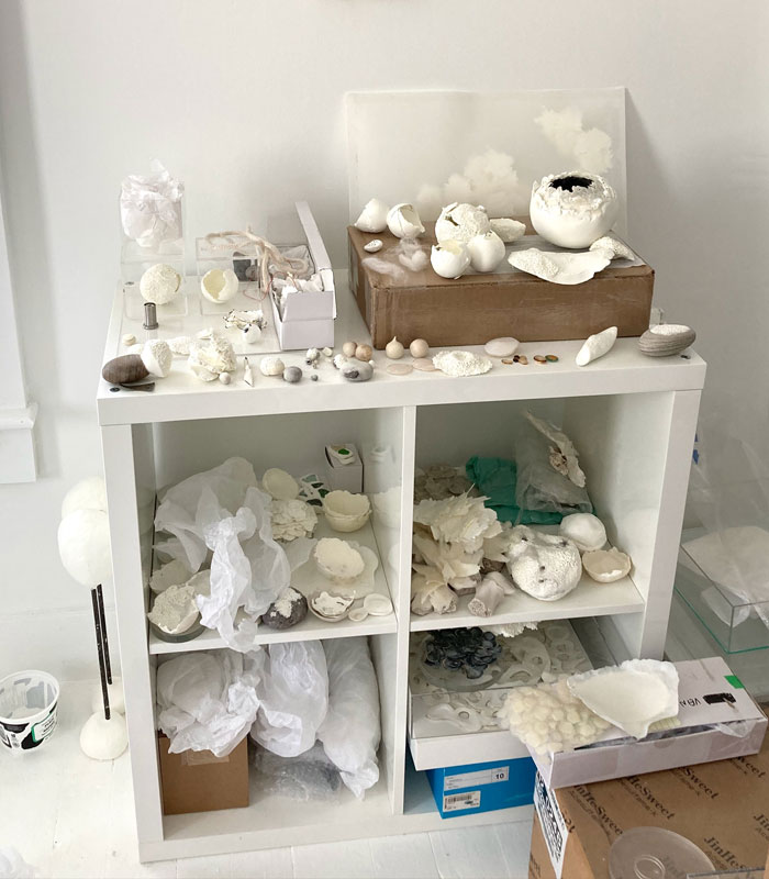 Studio shelf with works in progress