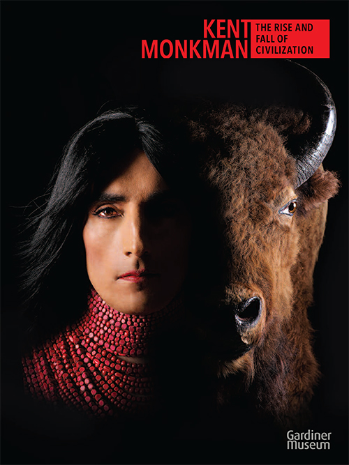 Catalogue cover with face of Kent Monkman as Miss Chief and a stuffed bison side by side
