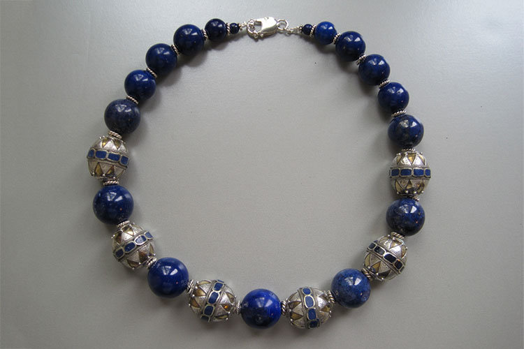 Necklace with antique blue and silver beads
