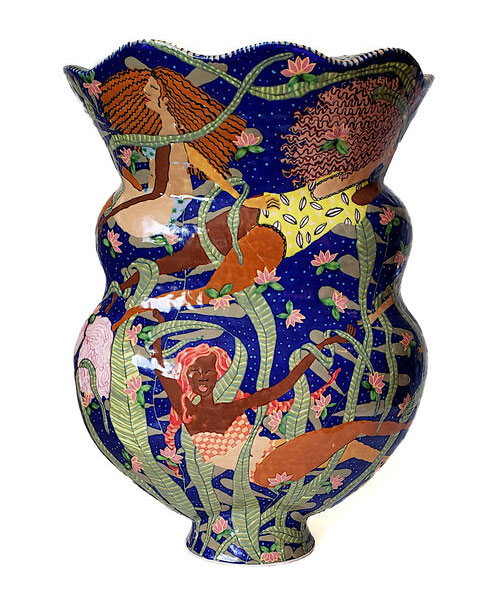 Ceramic vessel painted with Black women swimming