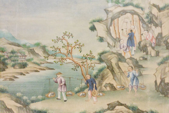 Non-ceramic Chinese watercolour showing people gathering clay to make porcelain