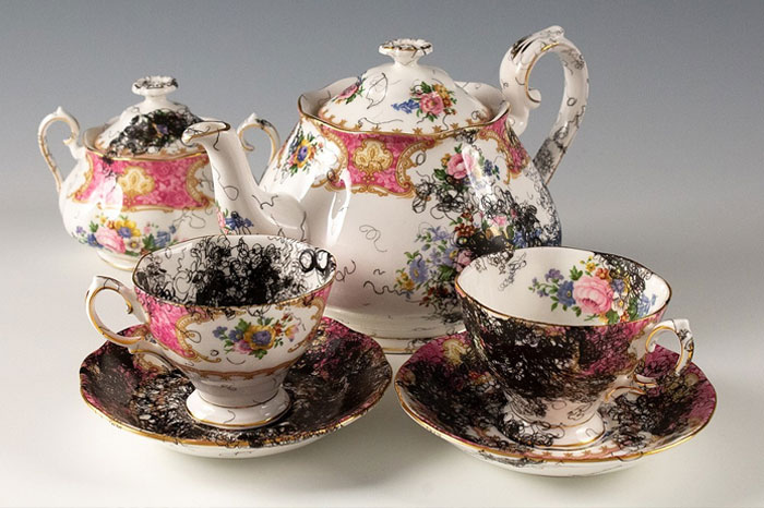 Vintage porcelain painted with curly black lines