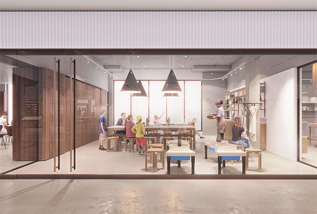 Rendering of the new studio space with children taking a clay class