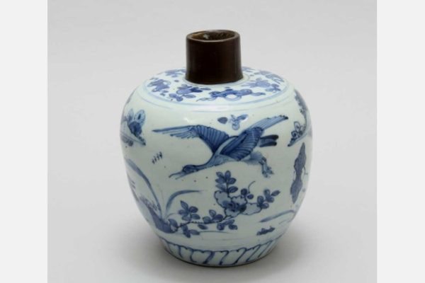 Jar with Brass Mount , China, Jingdezhen, Ming Dynasty (1368–1644), late 16th - early 17th century, Porcelain with underglaze blue decoration; brass, Loan from The Anne Gross Collection
